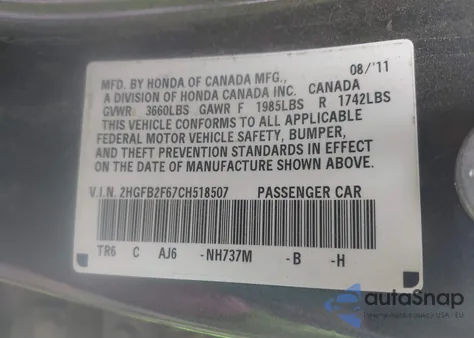 2012 Honda Civic Hf from USA, damaged, VIN 2HGFB2F67CH518507